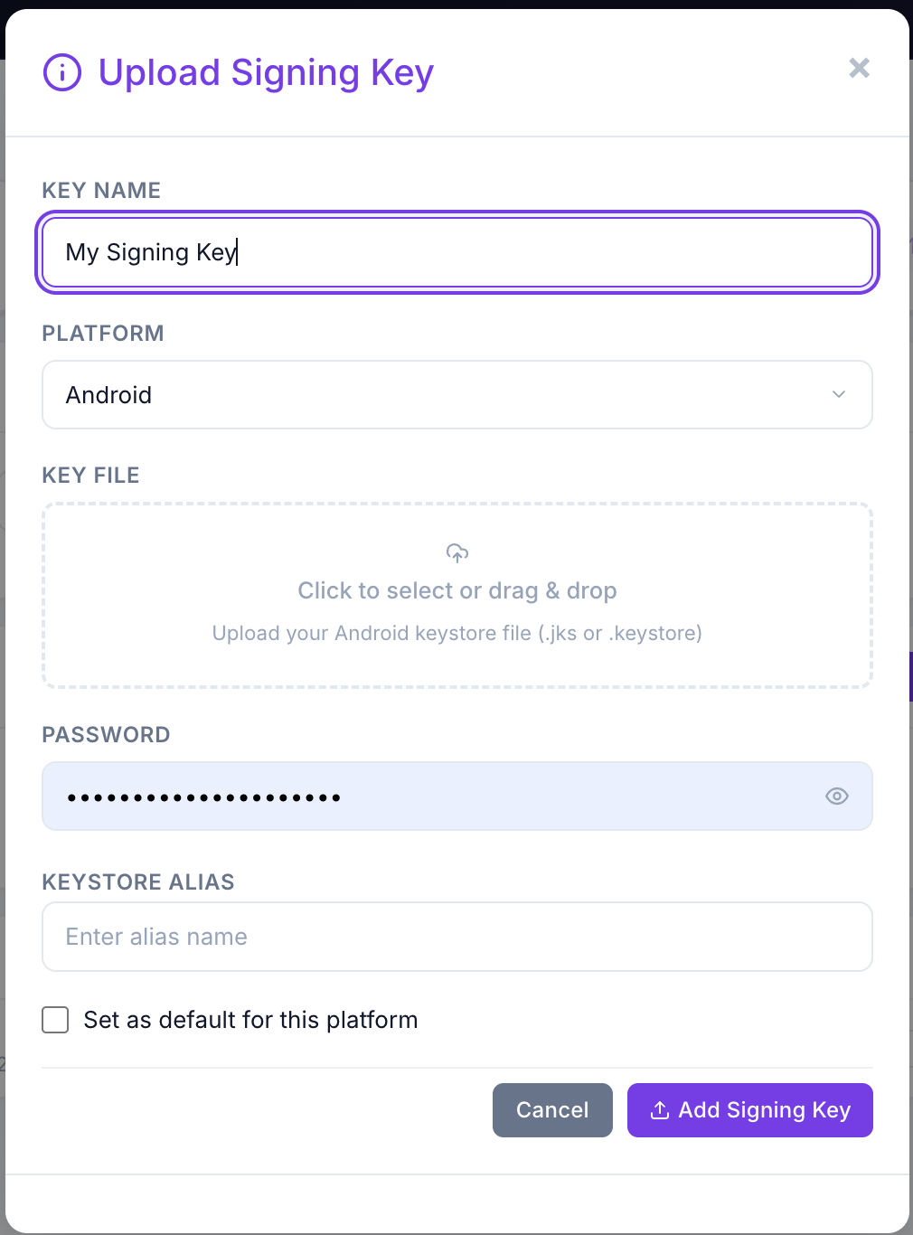 Signing Key Upload Panel